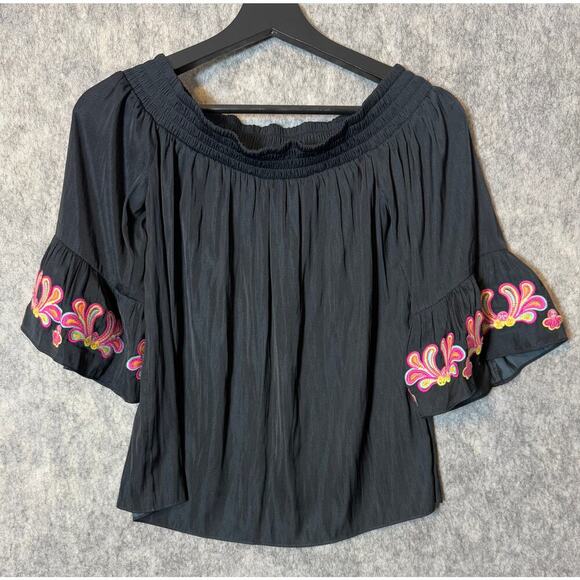 Lilly Pulitzer Off The Shoulder Floral Flare Arm Top XS Black - Picture 1 of 5